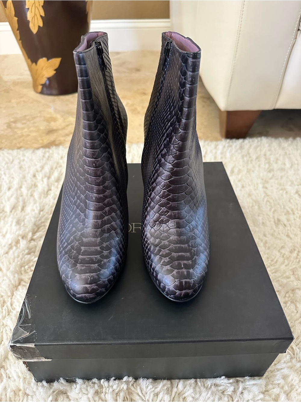 Sportmax Dark Plum Croc-Embossed Ankle Boots
